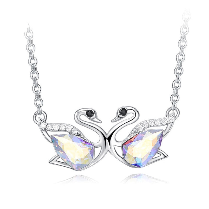 Sterling silver cute white ab swan sisters necklace -Glintzia Jewelry