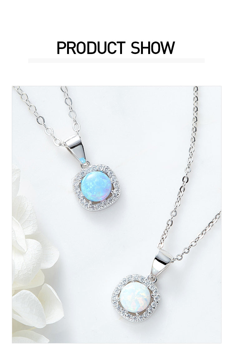Two elegant silver opal necklaces with sparkling surrounds, ideal to buy silver opal necklace online