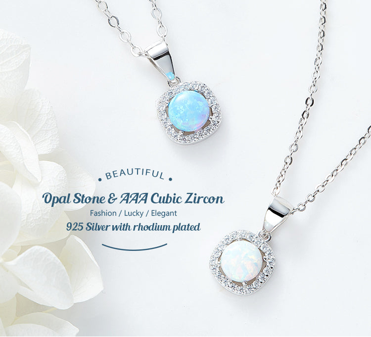 Beautiful silver opal necklace with AAA cubic zirconia detailing, buy silver opal necklace online for elegant fashion