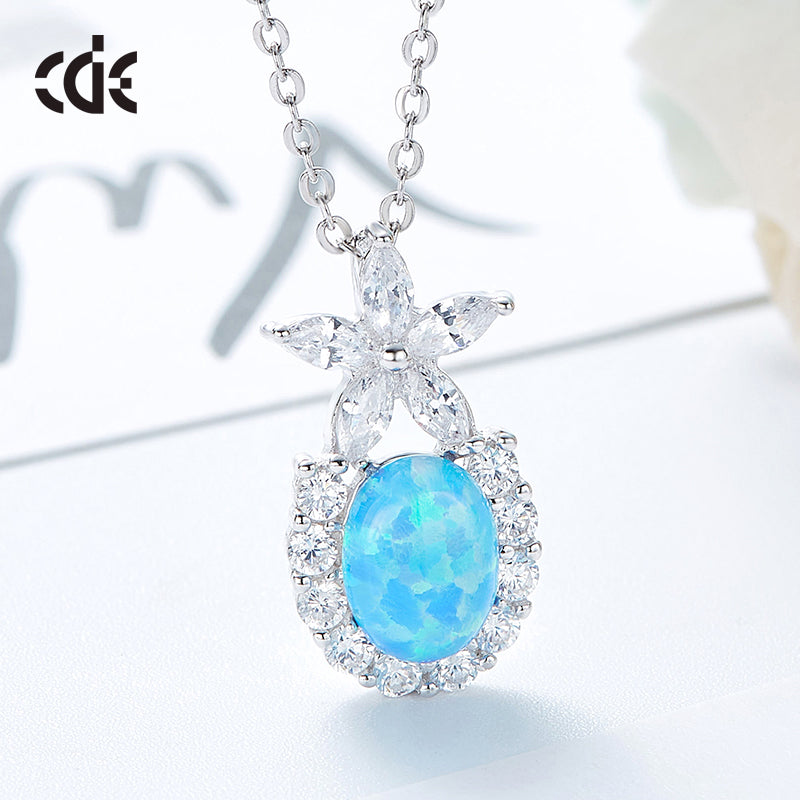 Cute flower opal pendant necklace with sparkling crystals and a delicate silver chain