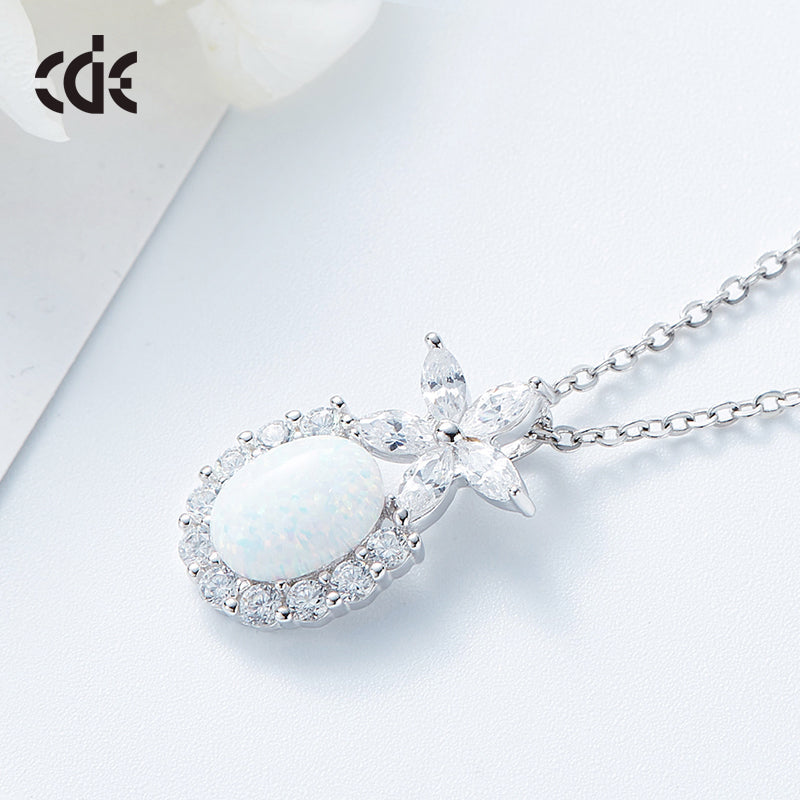 Cute flower opal pendant necklace with sparkling stones on a silver chain