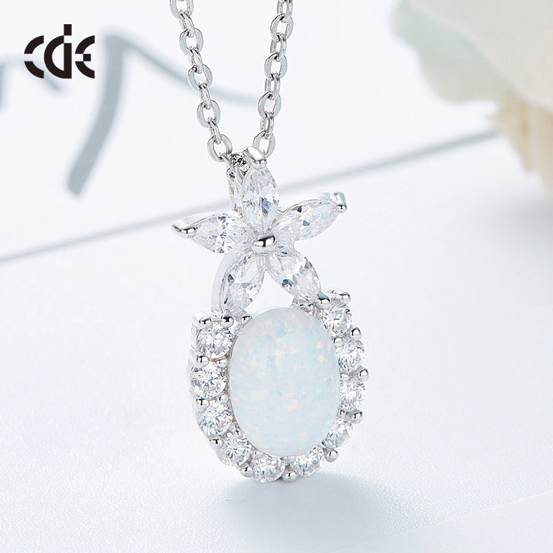 Cute flower opal pendant necklace with sparkling stones and a delicate chain
