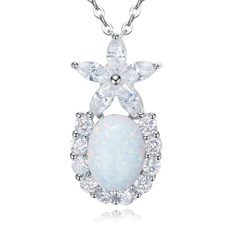 Cute flower opal pendant with sparkling zirconia stones and silver chain for a delicate look