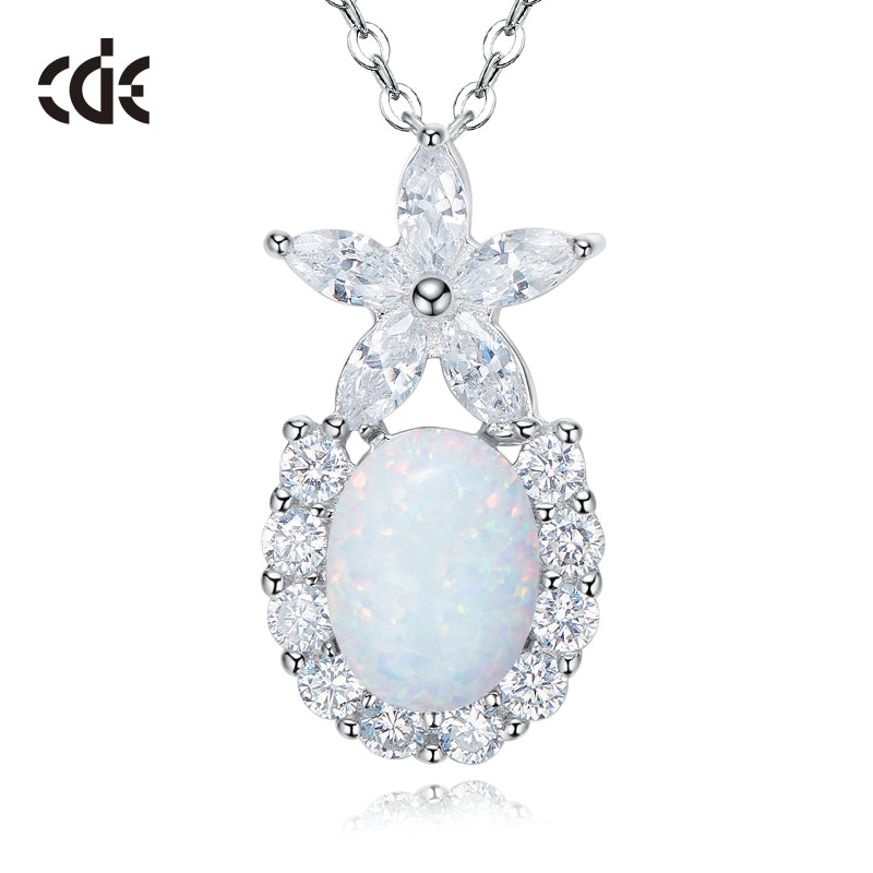 Cute flower opal pendant with sparkling zirconia stones and silver chain for a delicate look