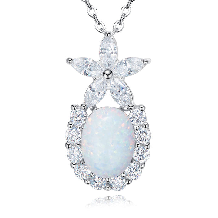 Cute flower opal pendant with sparkling zirconia stones and silver chain for a delicate look