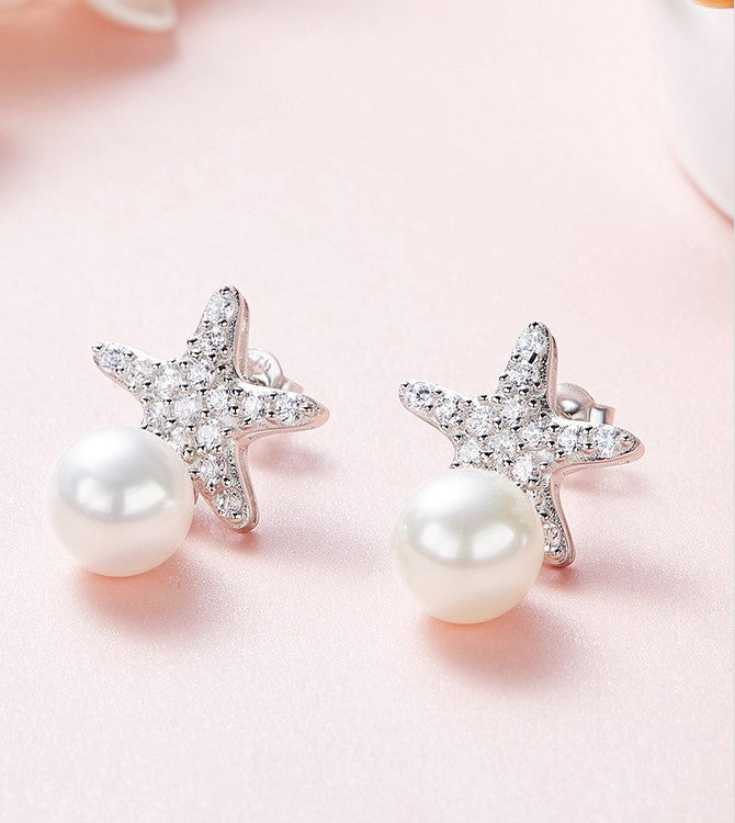 Sterling silver cute shining star with a pearl earring -Glintzia Jewelry