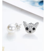 Sterling silver stylish shiny cat with a pearl earring -Glintzia Jewelry