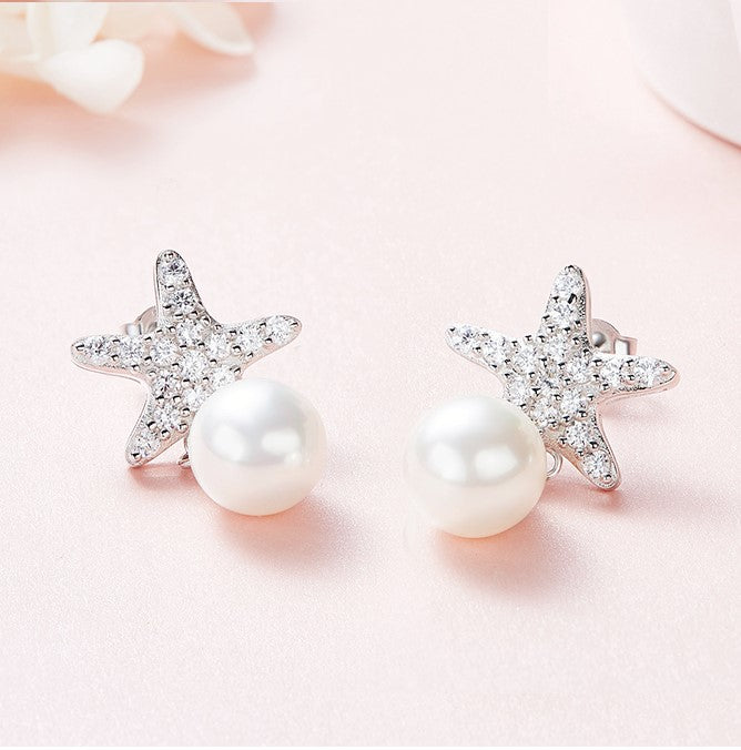 Sterling silver cute shining star with a pearl earring -Glintzia Jewelry