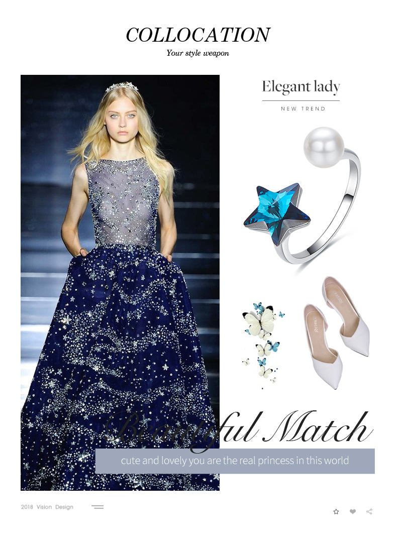The cute sapphire star with a pearl ring -Glintzia Jewelry