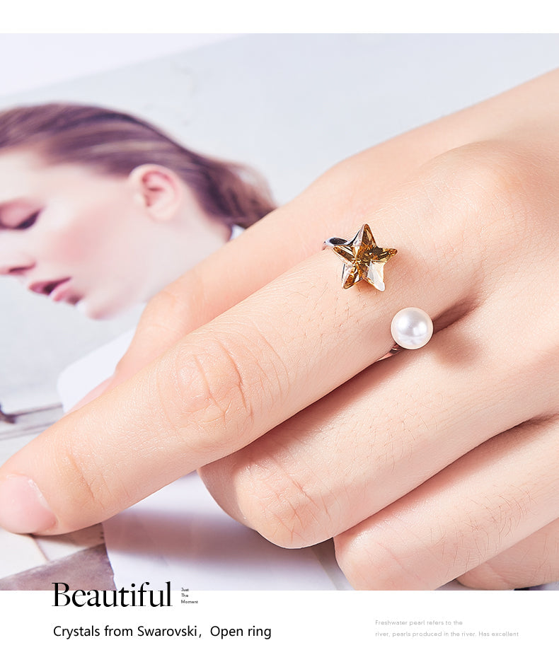 The cute sapphire star with a pearl ring -Glintzia Jewelry