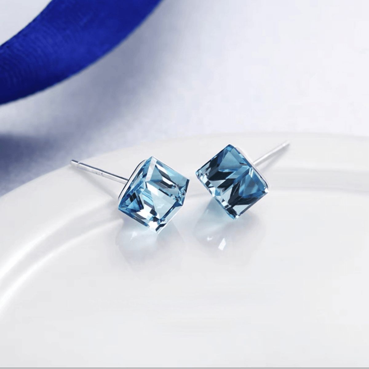 Cute Cube Swarovski blue topaz Crystal Earring - BLUE TOPAZ - EARRINGS