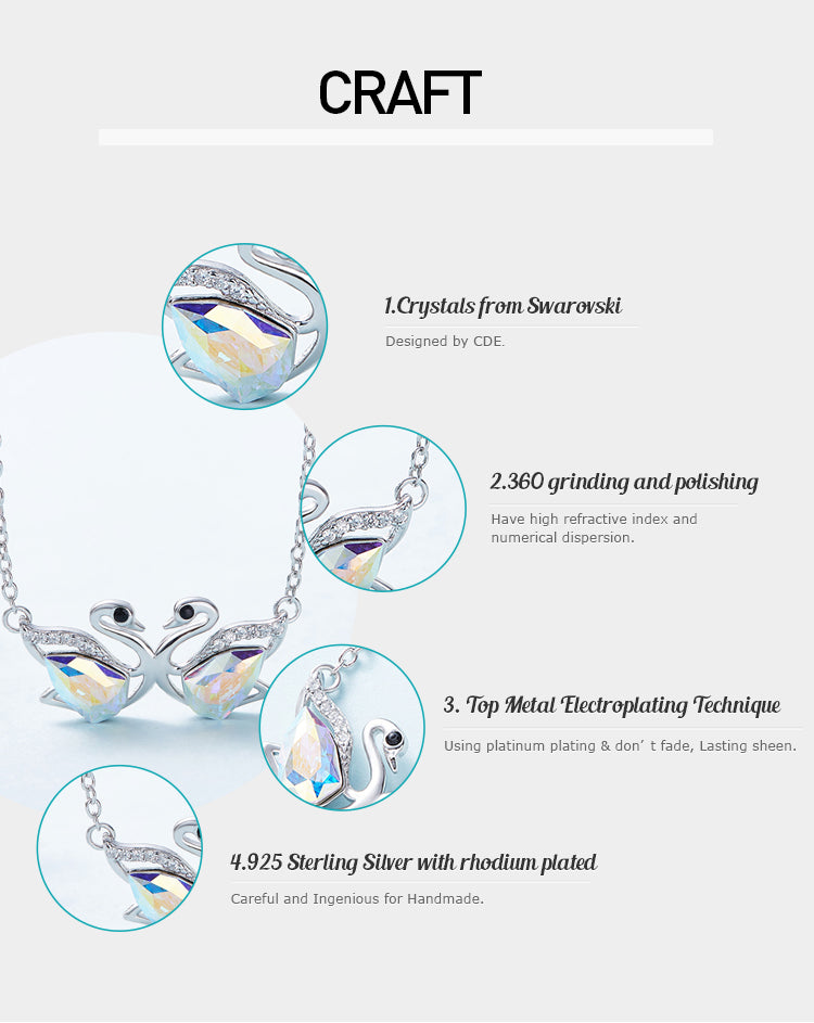 Sterling silver cute white ab swan sisters necklace -Glintzia Jewelry