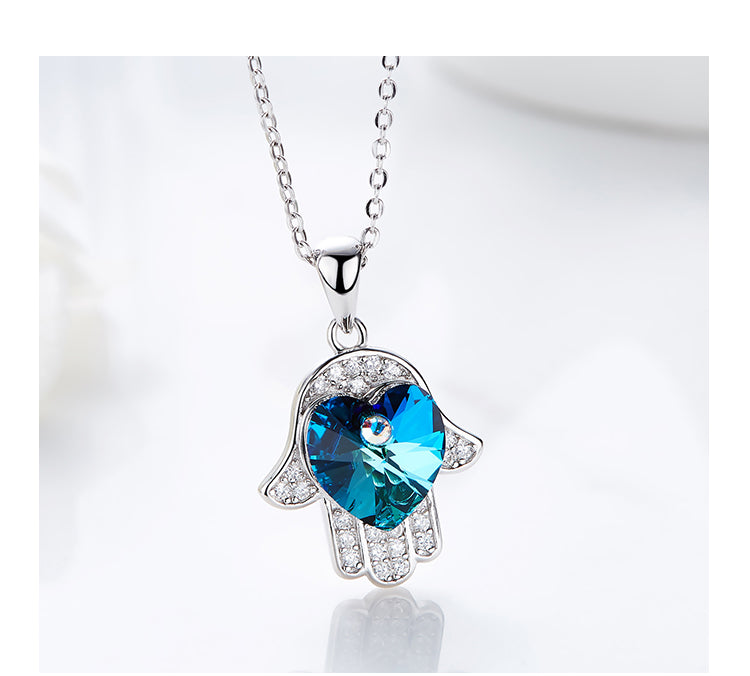 Sterling silver cute shining sapphire hand necklace -Glintzia Jewelry