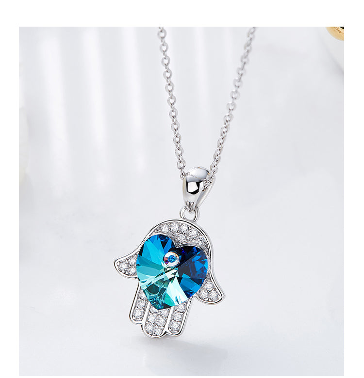 Sterling silver cute shining sapphire hand necklace -Glintzia Jewelry