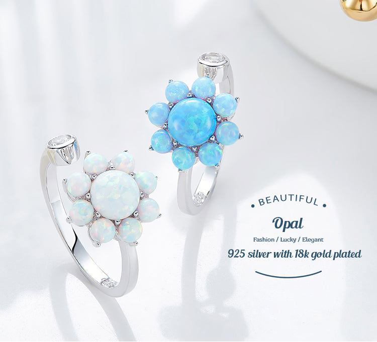 Sterling silver cute blue opal flower ring -Glintzia Jewelry