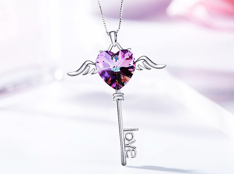 Sterling silver sapphire winged key necklace -Glintzia Jewelry