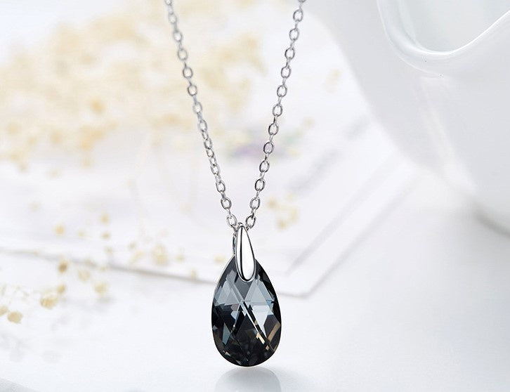 Sterling silver black diamond drop necklace -Glintzia Jewelry