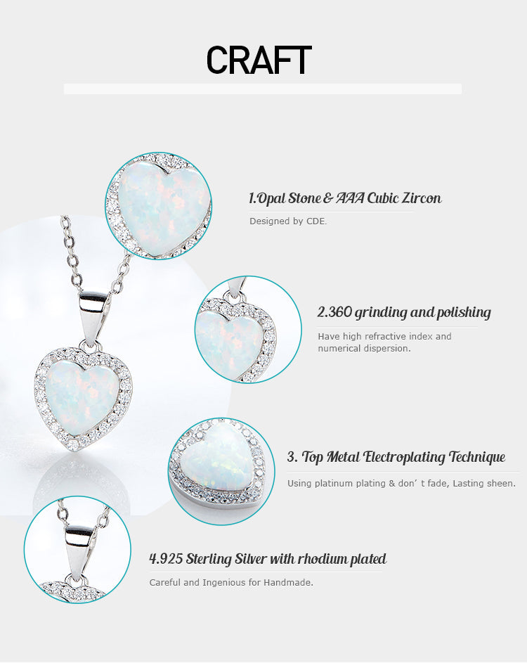 Silver opal necklace for women featuring a heart-shaped opal stone and AAA cubic zircon embellishments