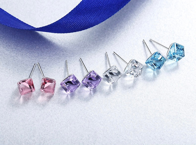 Cute Cube Swarovski blue topaz Crystal Earring - BLUE TOPAZ - EARRINGS