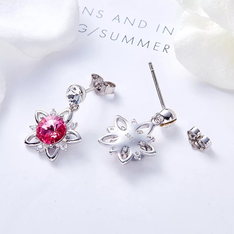 925 silver unique Swarovski crystals fuchsia flower Set -Glintzia Jewelry