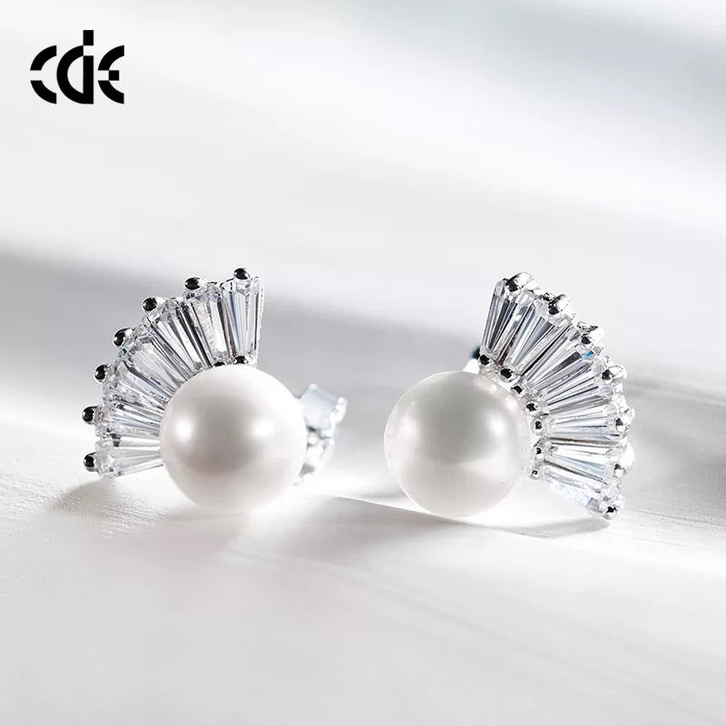 Sterling silver stylish pearl with cubic crystal earring -Glintzia Jewelry