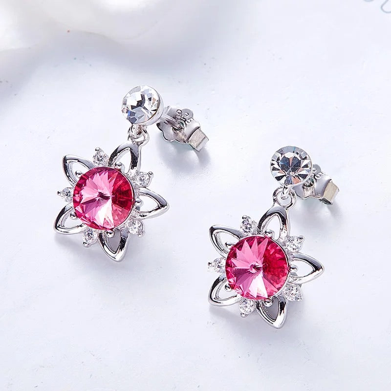 925 silver unique Swarovski crystals fuchsia flower Set -Glintzia Jewelry