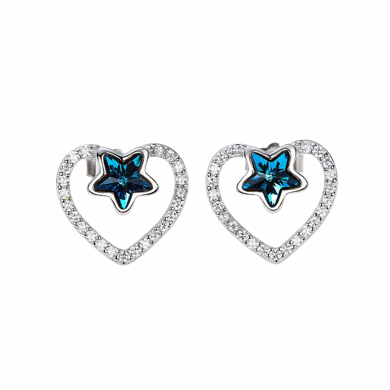 Sterling silver sapphire star in a heart earring -Glintzia Jewelry