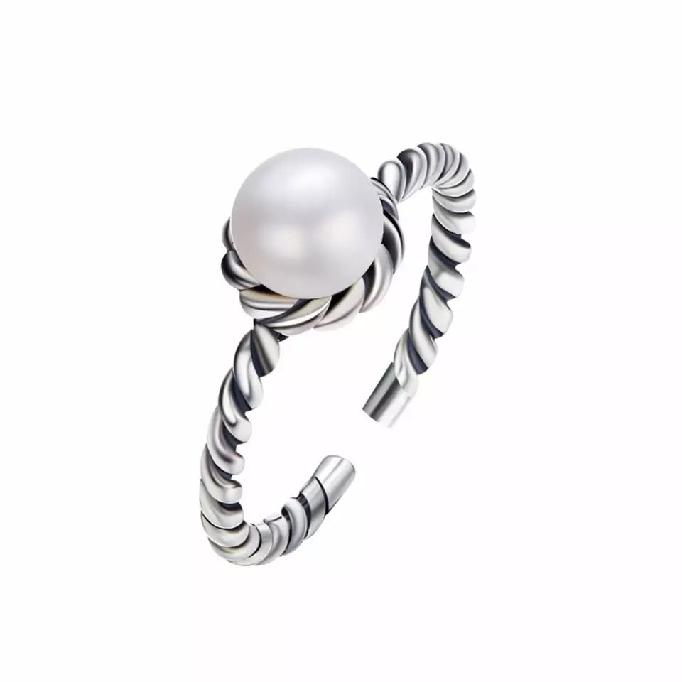 Sterling silver stylish rope style with a pearl ring -Glintzia Jewelry