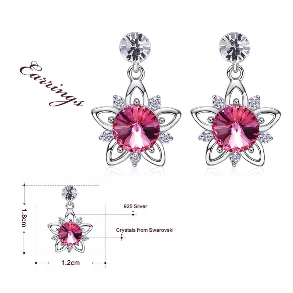 925 silver unique Swarovski crystals fuchsia flower Set -Glintzia Jewelry