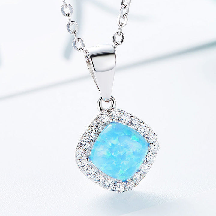 Sterling silver lab-created opal necklace with a square pendant and sparkling stones — Glintzia