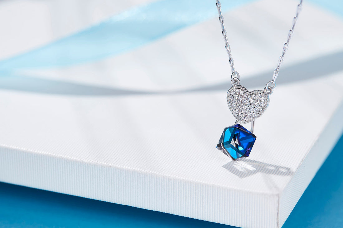 Sterling silver cubic sapphire heart necklace -Glintzia Jewelry